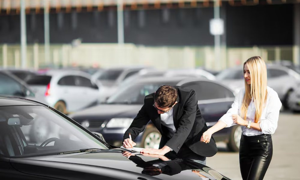 A car buyer and a seller finalizing a car export agreement in a parking lot, with focus on secure car purchase for export.