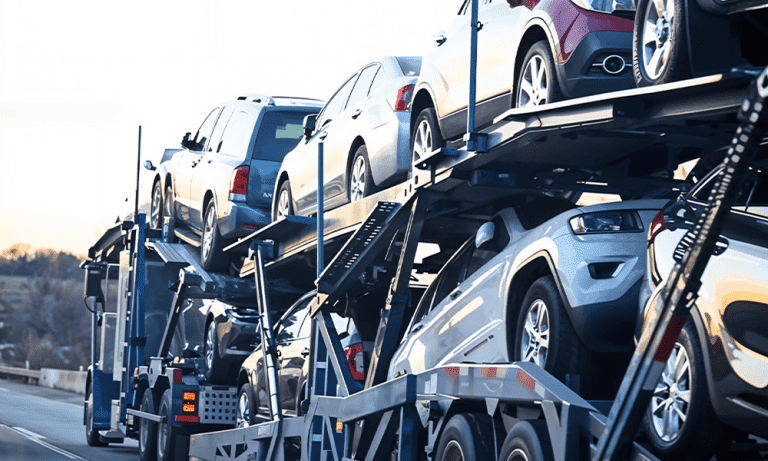 Cars loaded on a carrier truck, ready to import a car from Dubai to Venezuela