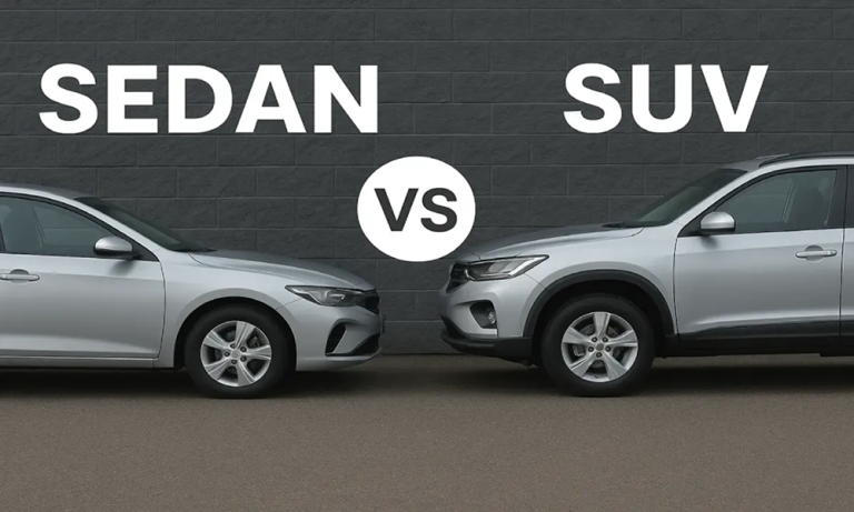 Sedan and SUV comparison image showing both car types side by side for Kazakhstan road conditions, winter driving, fuel economy, and city use.