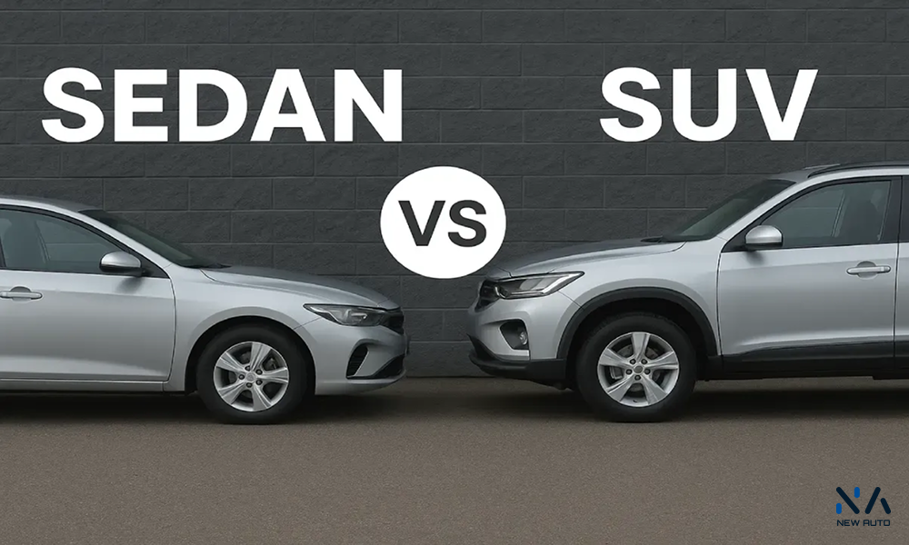 Sedan and SUV comparison image showing both car types side by side for Kazakhstan road conditions, winter driving, fuel economy, and city use.
