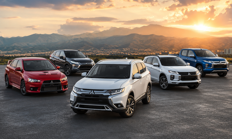 Top Mitsubishi cars in UAE 2026 including Outlander, Montero Sport, Eclipse Cross, ASX, and L200 pickup displayed together