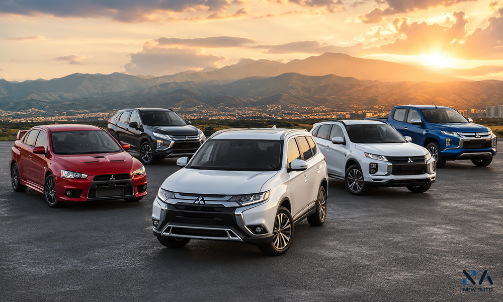 Top Mitsubishi cars in UAE 2026 including Outlander, Montero Sport, Eclipse Cross, ASX, and L200 pickup displayed together