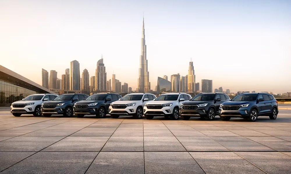 SUV cars in UAE lineup with Dubai skyline showing the best SUVs for export buyers