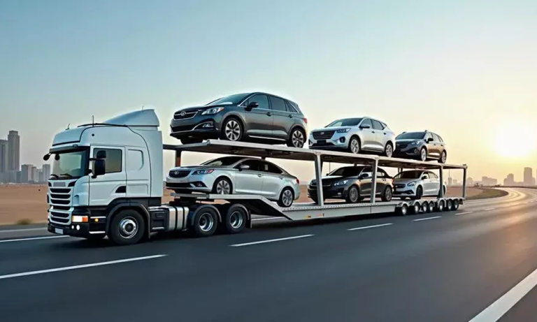 Car carrier truck transporting vehicles for export from Dubai to GCC countries